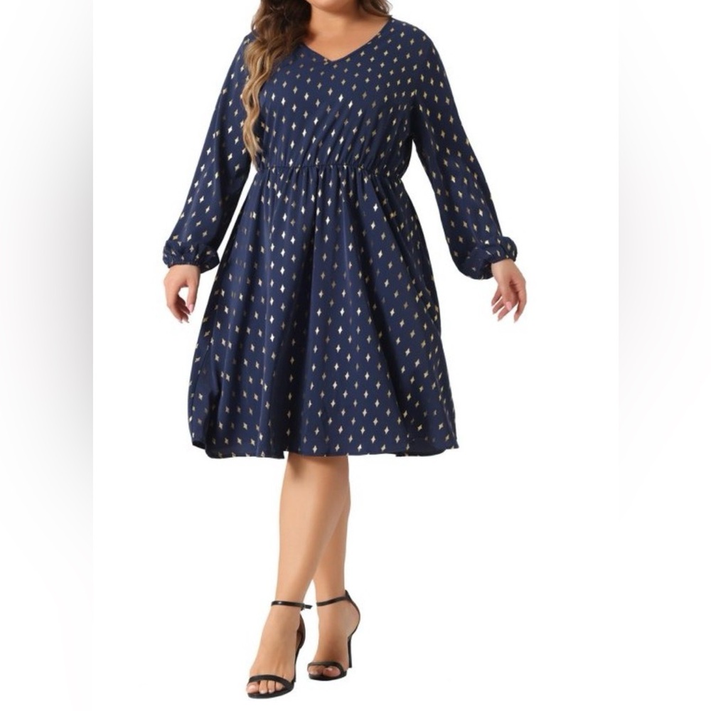 Navy Blue Midi Dress with Gold Accents 2x nwt